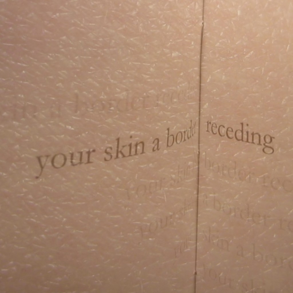 Serif text reading "your skin a border receding" on pale skin.