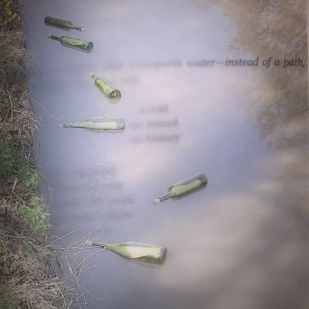 A colour image of letters in bottles floating in water next to a grassy bank, under which text is partially visible, including the words "water - instead of a path"